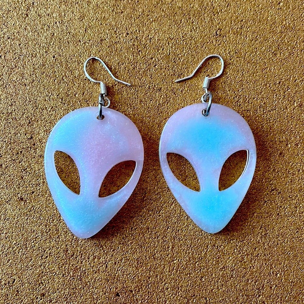 Blue and pink shimmer alien dangle earrings